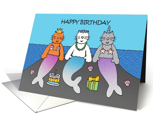 Happy Birthday Purrmaids Mercats Merkittens on a Rock Cartoon card