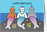 Happy Birthday Purrmaids Mercats Merkittens on a Rock Cartoon card