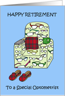 Optometrist Happy Retirement Glasses Pattern Cartoon Armchair card