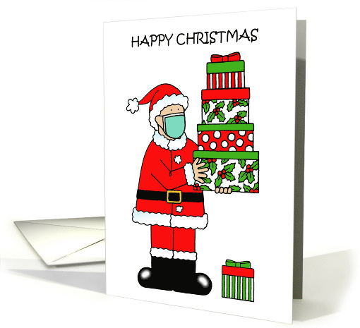 Covid 19 Happy Christmas Santa in a Face Mask Holding Gifts card