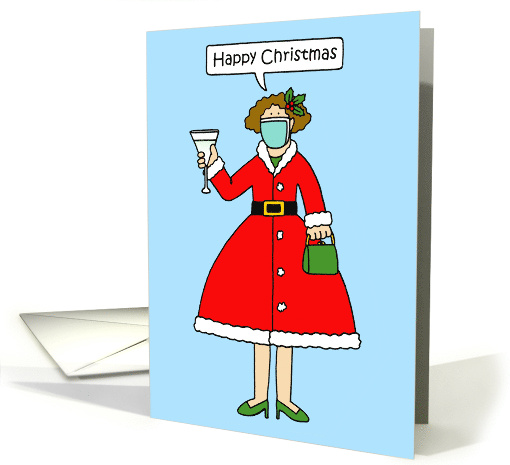 Covid 19 Happy Christmas Cartoon Festive Lady in a Face Mask card