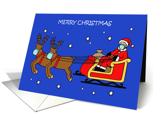 Covid 19 Happy Christmas Cartoon Santa and Sleigh in the Sky card