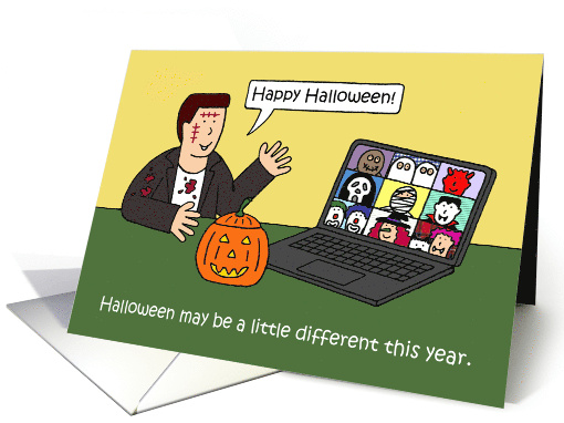 Covid 19 Virtual Halloween Party Cartoon Humor With a Pumpkin card