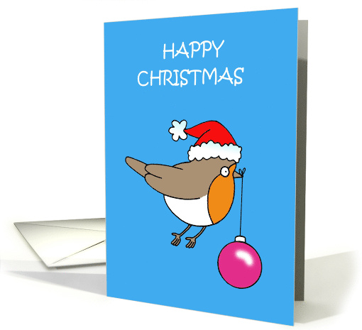 Happy Christmas Robin Bird Carrying a Pink Bauble Cartoon Humor card