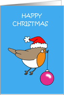 Happy Christmas Robin Bird Carrying a Pink Bauble Cartoon Humor card
