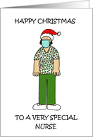 Covid 19 Happy Christmas Cartoon Nurse in Santa Hat card