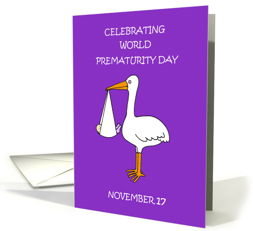 World Prematurity Day November 17th Cartoon Stork and Baby Purple card