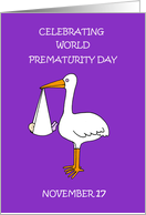 World Prematurity Day November 17th Cartoon Stork and Baby Purple card