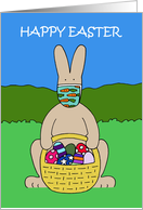 Covid 19 Happy Easter Cartoon Bunny with Basket of Eggs and Facemask card