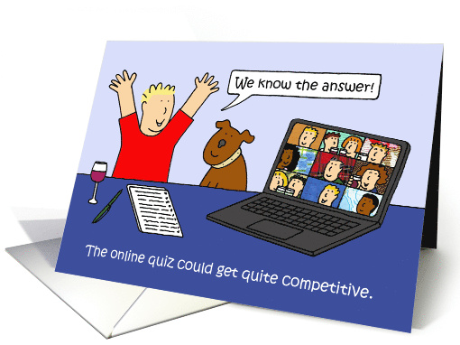 Covid 19 Online Quiz Cartoon Man and Dog Answering Questions card