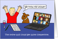 Covid 19 Online Quiz Cartoon Man and Dog Answering Questions card