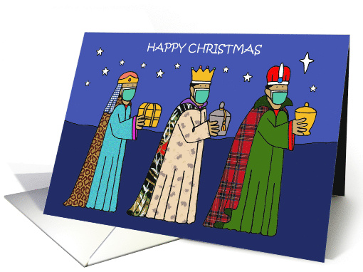 Covid 19 Happy Christmas Three Wise Men in Face Masks Cartoon card