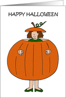 Happy Halloween Cartoon Lady Wearing a Giant Pumpkin Costume card