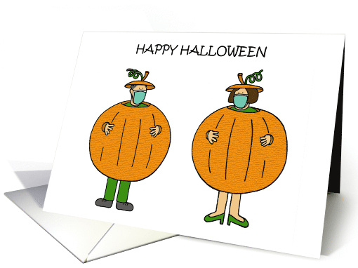Covid 19 Happy Halloween Cartoon Couple in Giant Pumpkin Costumes card