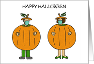 Covid 19 Happy Halloween Cartoon Couple in Giant Pumpkin Costumes card