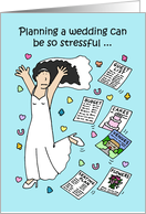 Wedding Planning Stress Cartoon Bride Running Through Confetti Black Hair card