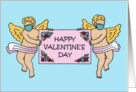 Covid 19 Cherubs in Facemasks Happy Valentine’s Day Cartoon card