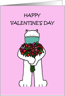 Covid 19 Happy Valentine’s Day Cartoon Cat in a Facemask with Flowers card
