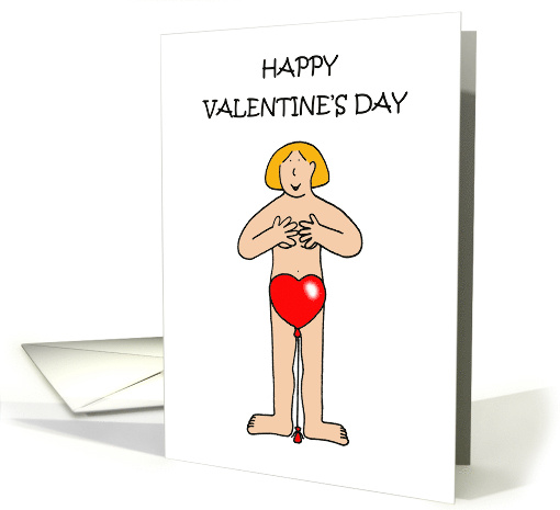 Happy Valentine's Day Cartoon Lady Wearing a Heart Shaped Balloon card