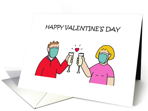 Happy Valentine's Day Cartoon Couple in Facemasks card (1663574)