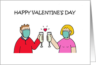 Happy Valentine’s Day Cartoon Couple in Facemasks card