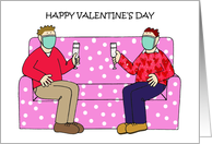 Happy Valentine’s Day Cartoon Male Couple Wearing Facemasks card