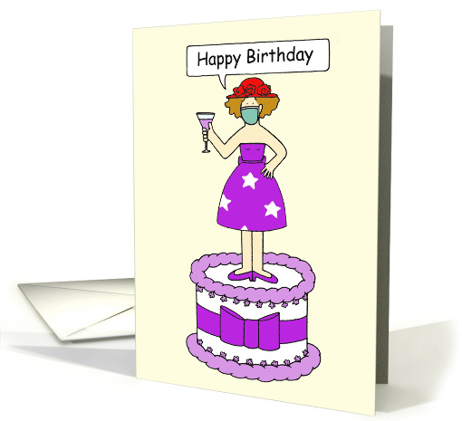 Covid 19 Red Hat Happy Birthday Lady Wearing a Facemask Cartoon card