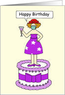 Covid 19 Red Hat Happy Birthday Lady Wearing a Facemask Cartoon card