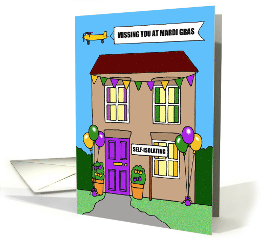 Covid 19 Missing You at Mardi Gras Cartoon House and Plane card