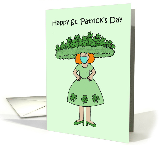 Covid 19 St. Patrick's Day Cartoon Lady in Shamrocks Outfit card