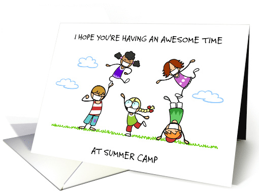 Thinking Of You at Summer Camp Children in Face Masks Cartoon card