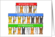 Happy First Day of Preschool Cartoon Cats Holding Up Banners card