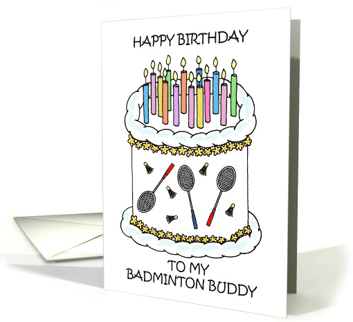 Happy Birthday Badminton Buddy Cartoon Cake and Candles card (1694076)