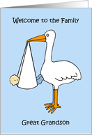 Welcome to the Family Great Grandson Cartoon Stork and Baby Boy card