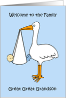 Welcome to the Family Great Great Grandson Cartoon Stork and Baby Boy card