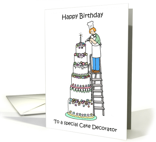 Happy Birthday to Cake Decorator Cartoon Chef on a Ladder card