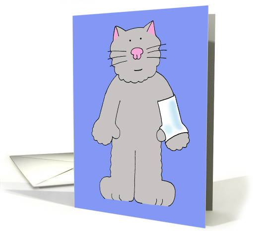 Get Well Soon Cartoon Grey Cat with Plaster Cast on Left Arm card