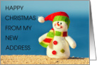 Happy Christmas from My New Address Snowman Beach Scene card