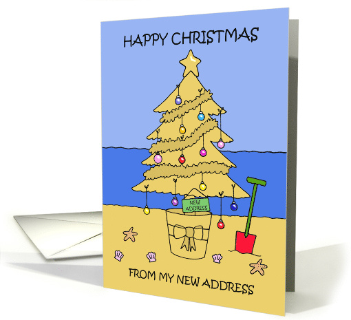 Happy Christmas from My New Address Tree Sandcastle Beach Scene card