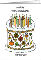 Happy Thanksgiving Birthday Autumnal Decorated Cake and Lit Candles card