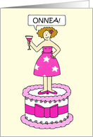 Congratulations in Finnish Onnea Cartoon Lady Standing on a Cake card