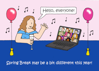 Spring Break Virtual Get Together Cartoon Lady on a Computer