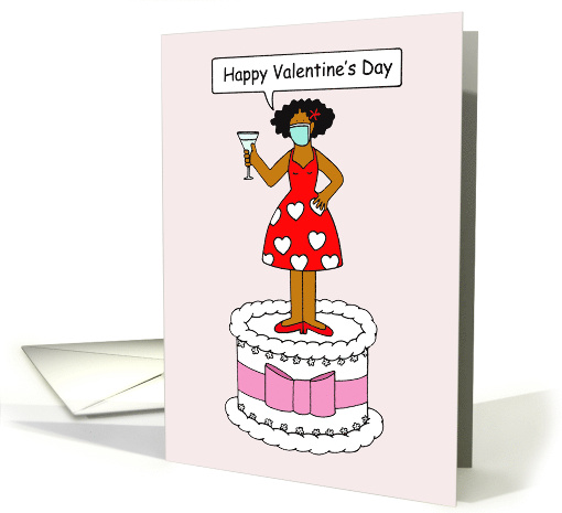 Covid 19 African American Lady Valentine Standing on a Giant Cake card