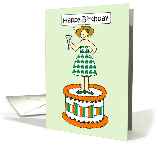 Happy Birthday Irish Themed Flag and Shamrock Dress and Cake card
