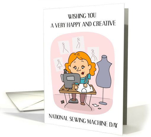 National Sewing Machine Day June 13th Cartoon Seamstress card