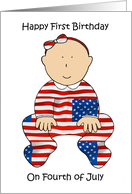 Happy 1st Birthday on July 4th Cute Baby Girl in USA Flag Outfit card