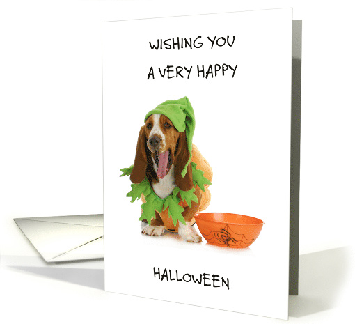 Happy Halloween Basset Hound Wearing Pumpkin Costume card (1754950)