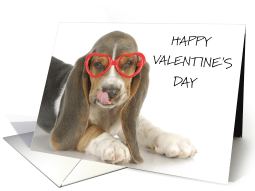 Happy Valentine's Day Basset Hound in Heart Shaped Glasses card