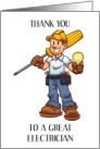 Thank You to Electrician Cartoon Man with Screwdriver and Light Bulb card