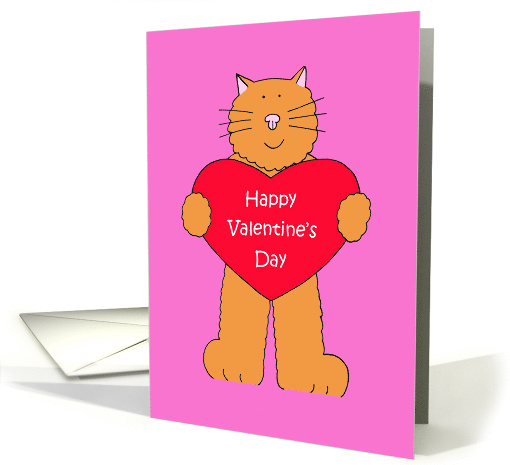 Happy Valentine's Day Cartoon Ginger Cat Holding a Red Heart card